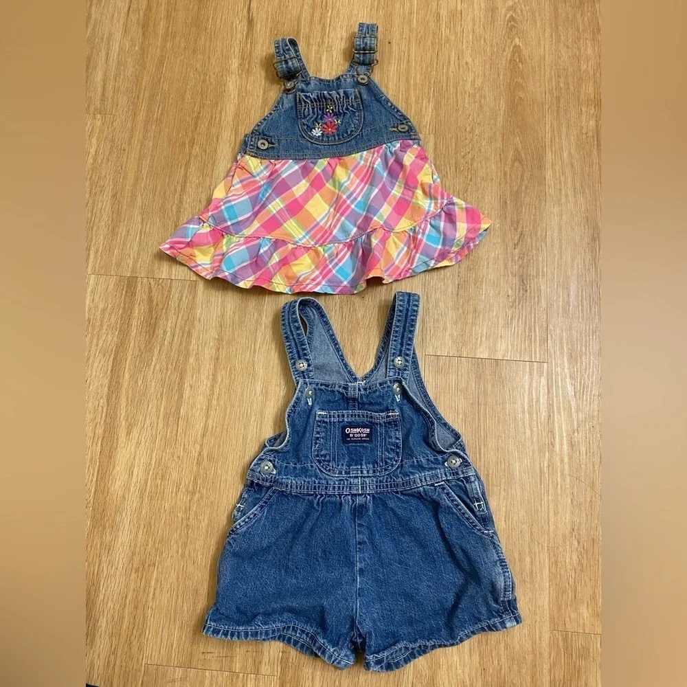 Vintage OshKosh B'gosh Blue Denim Overalls and Colorful Plaid Skirt
